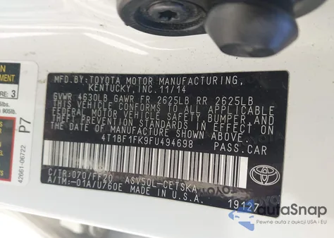 2015 Toyota Camry Se from USA, damaged, VIN 4T1BF1FK9FU494698